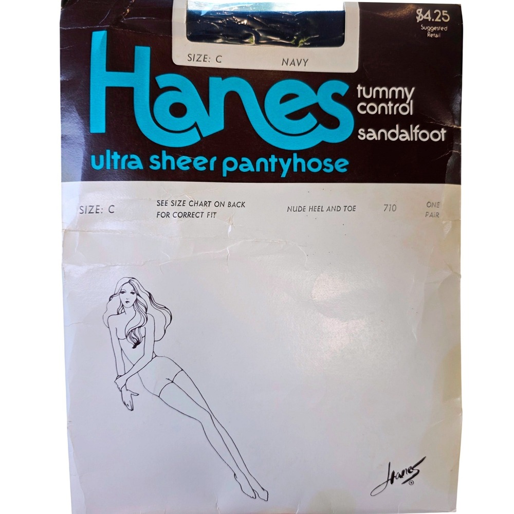 Vintage‎ Hanes Ultra Sheer Pantyhose Navy Blue Size C Tummy Control Sandalfoot